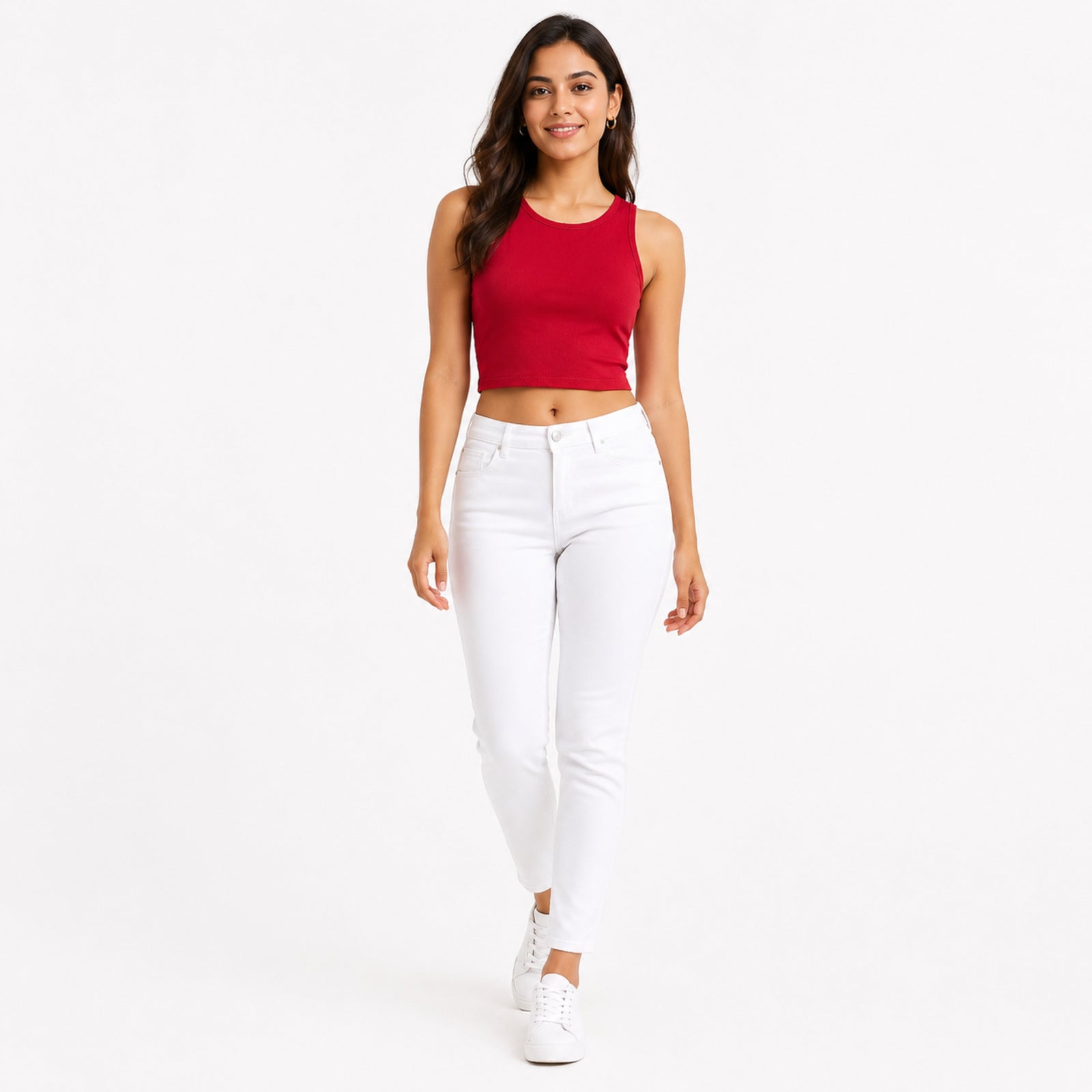 Women's Red Sleeveless Round Neck Crop Top | Solid Slim Fit Casual Tank Top-1