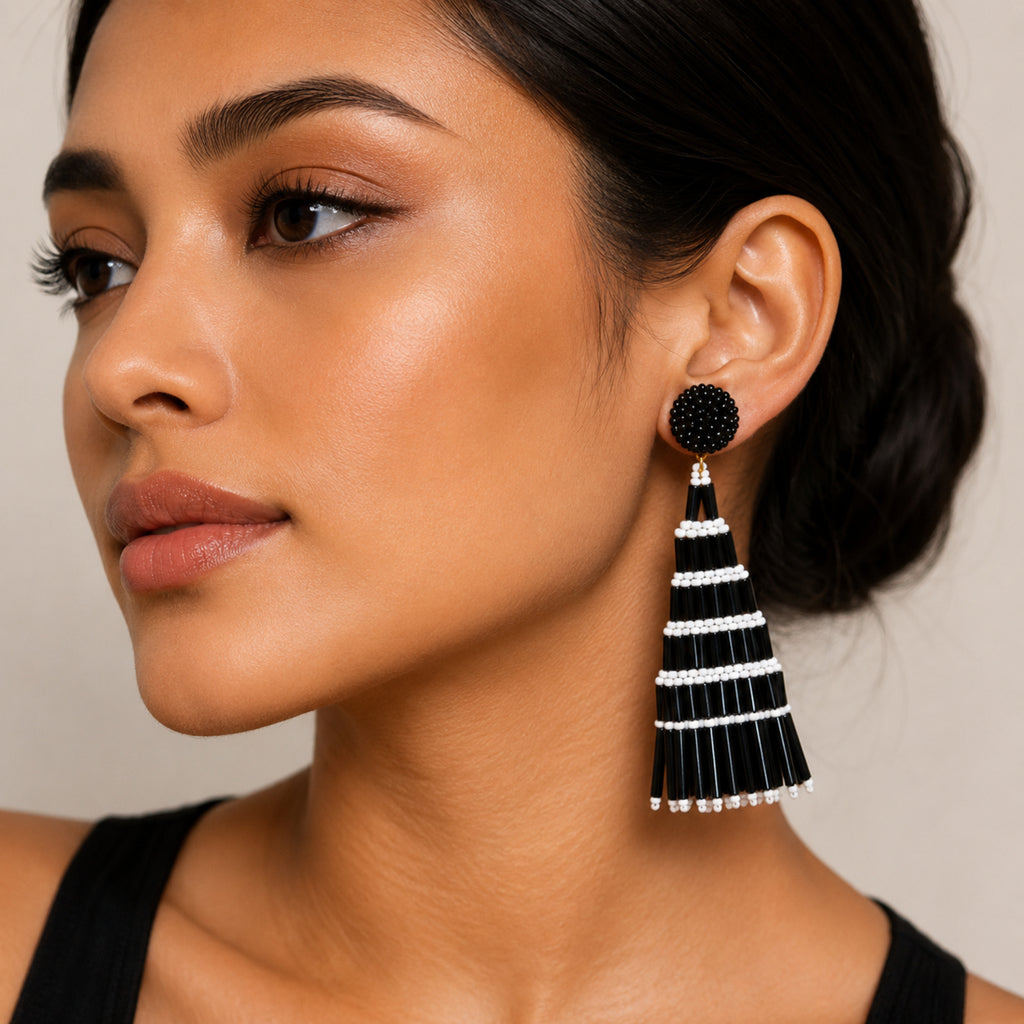 Women's Black Beaded Tassel Drop Earrings-4