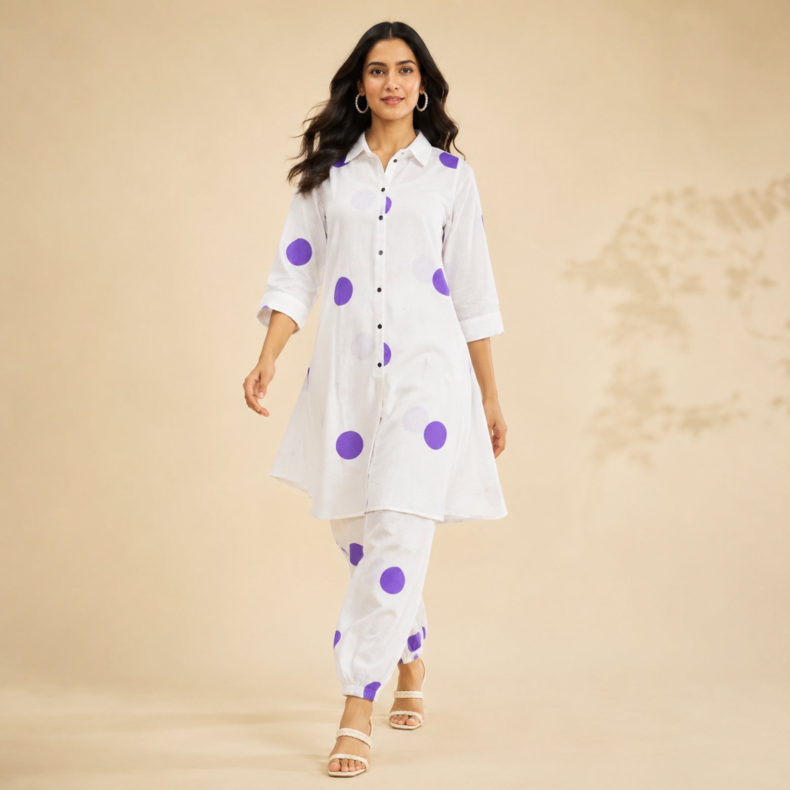 Women's White & Lavender Polka Dot Kurta Set-2