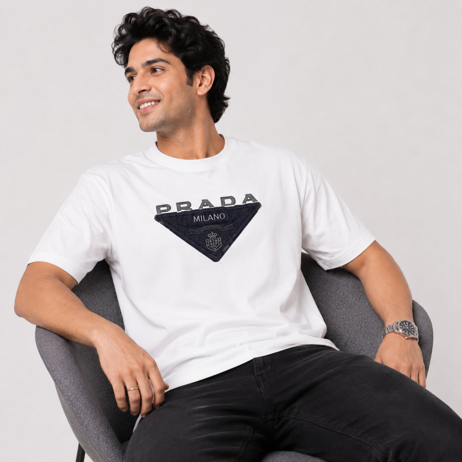 Men's White Graphic Logo Print Crew Neck T-Shirt-3