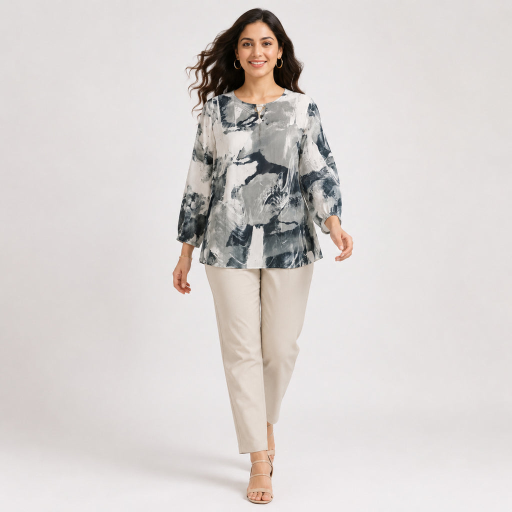 Women's Contemporary Abstract Watercolor Print Keyhole Tunic Top-1