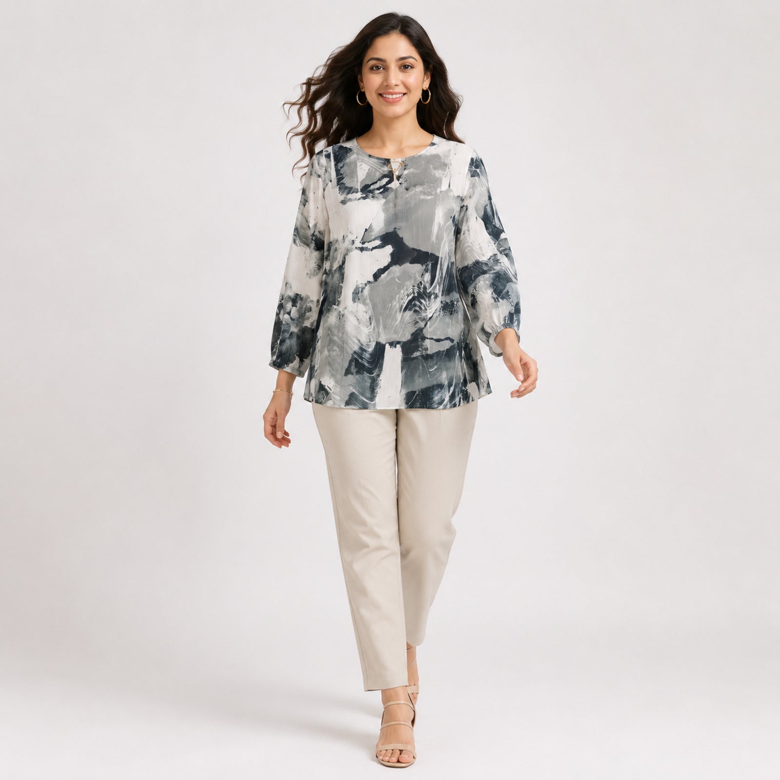 Women's Contemporary Abstract Watercolor Print Keyhole Tunic Top-1