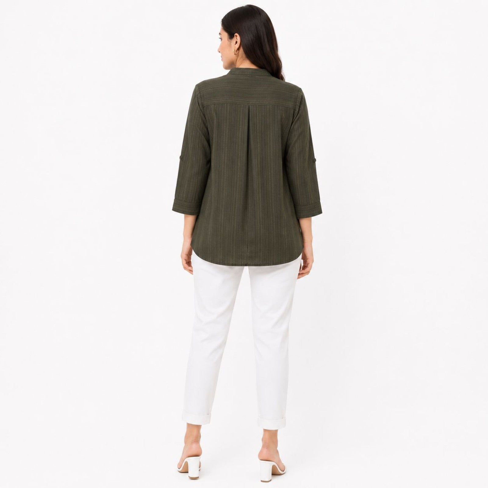 Women's Olive Green Textured Tunic Top | Mandarin Collar 3/4 Sleeve Button-Down Casual Shirt-4