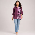 Women's Avant-Garde Mauve Grape Abstract Leaf Print Asymmetric Tunic Shirt-2