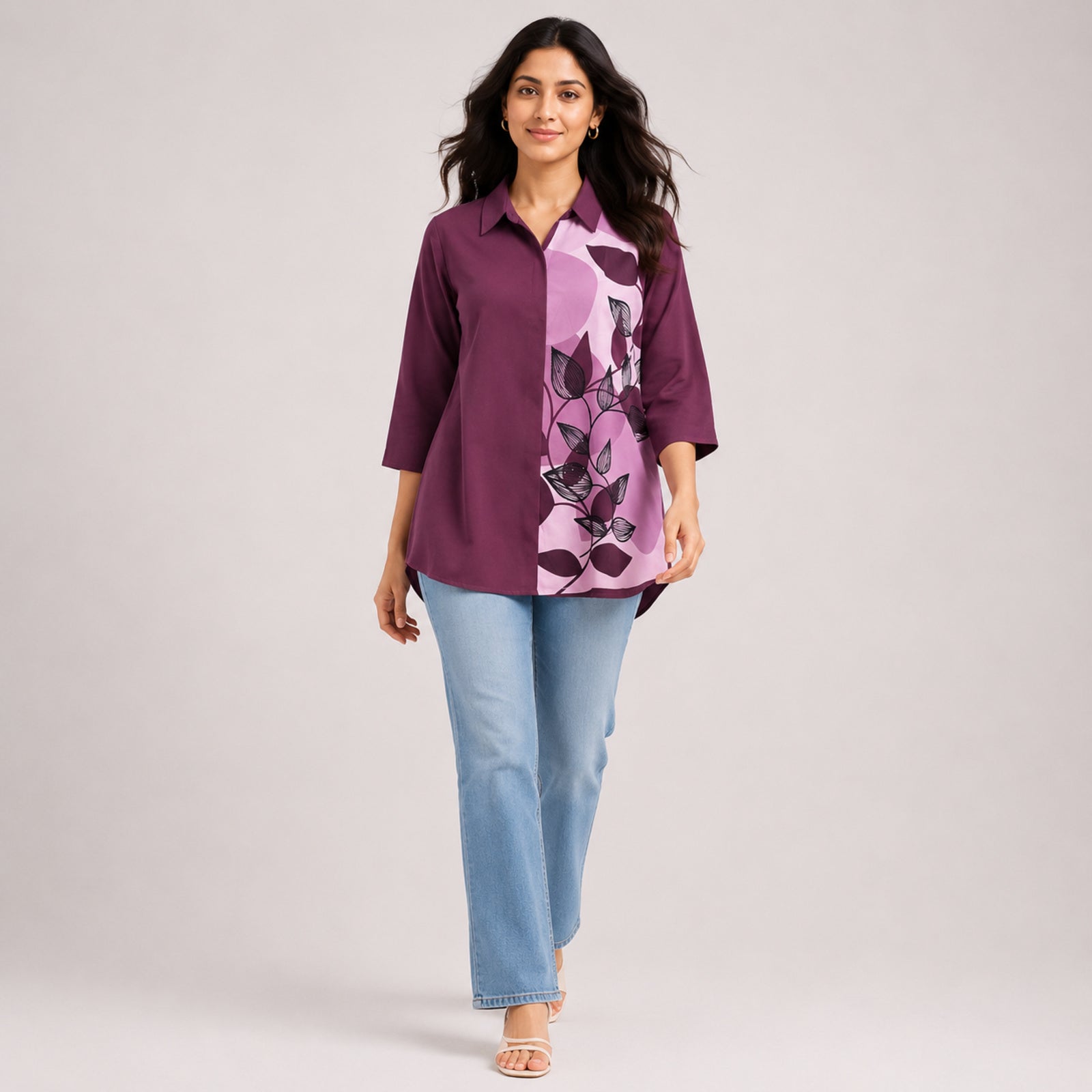 Women's Avant-Garde Mauve Grape Abstract Leaf Print Asymmetric Tunic Shirt-2