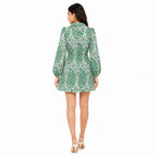 Women's Green Abstract Collared Mini Dress with Balloon Sleeves-4