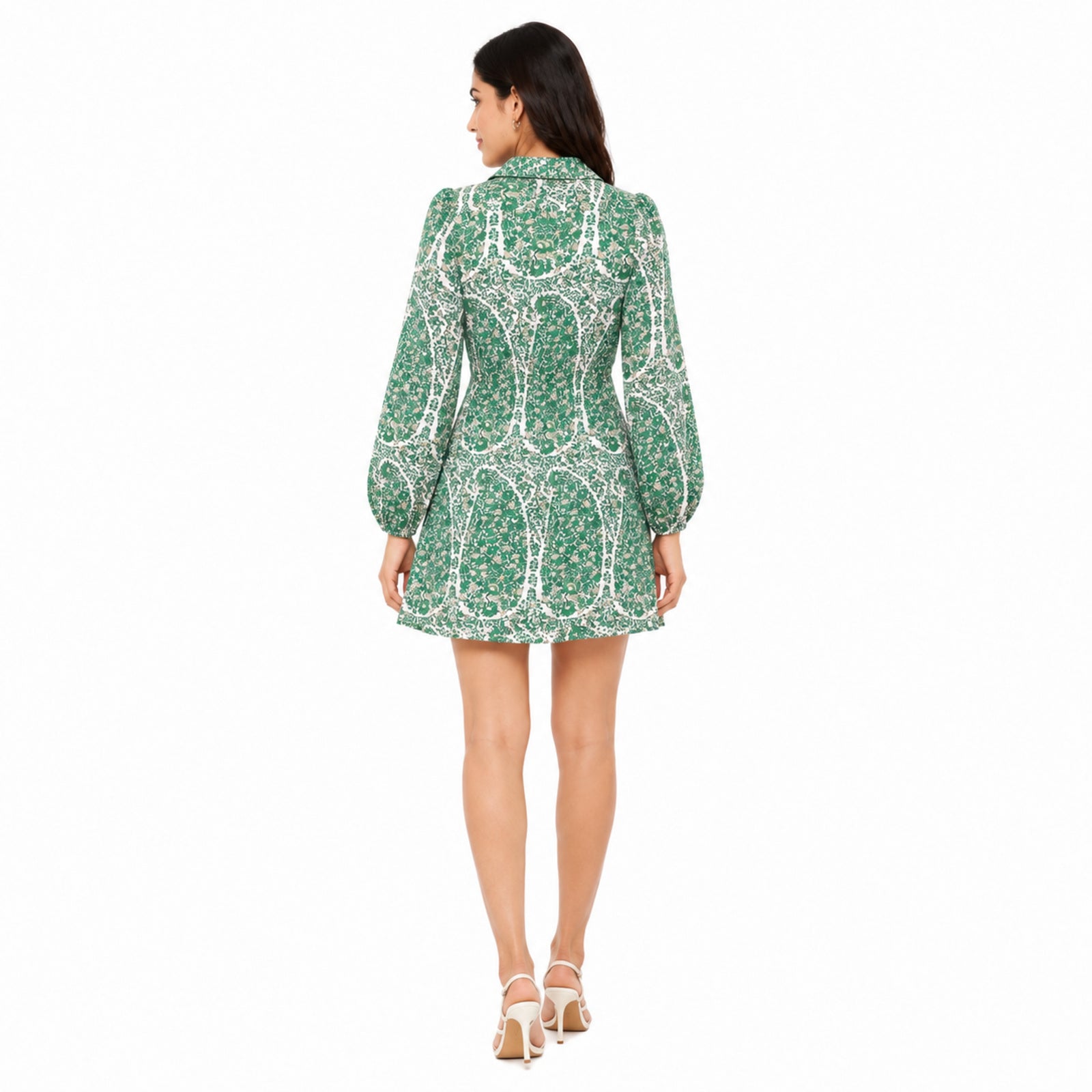 Women's Green Abstract Collared Mini Dress with Balloon Sleeves-4