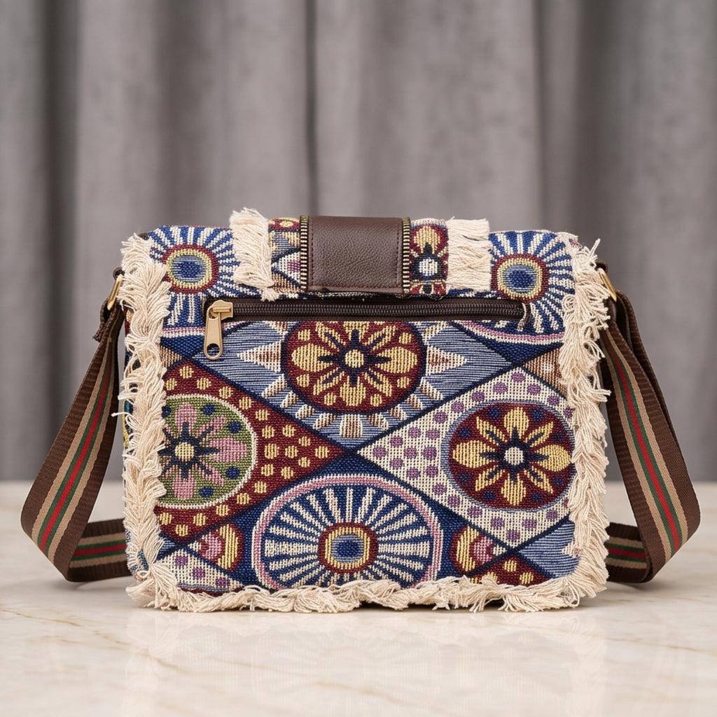 Women's Blue Bohemian Print Fringe Crossbody Sling Bag with Adjustable Strap-3