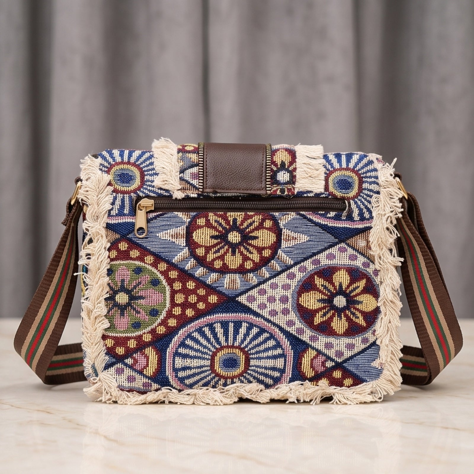 Women's Blue Bohemian Print Fringe Crossbody Sling Bag with Adjustable Strap-3