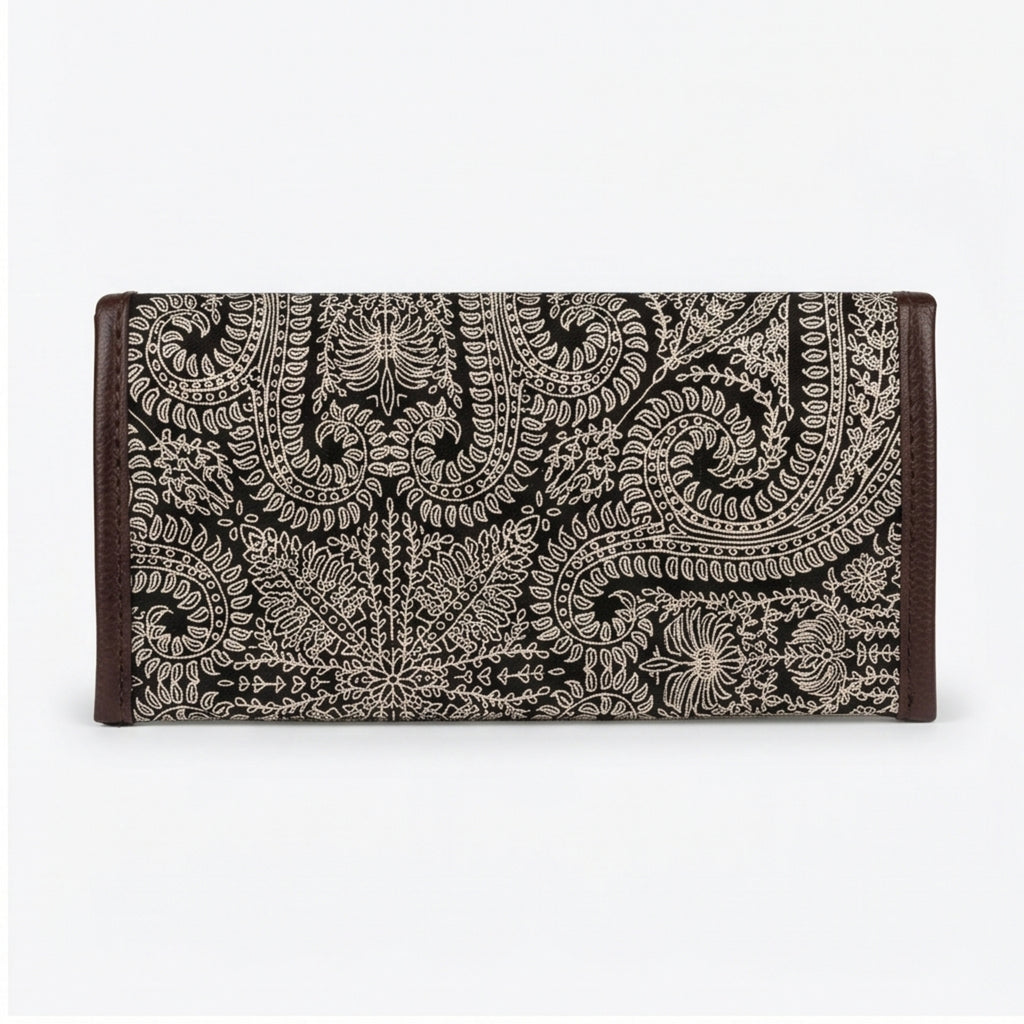 Women's Black Paisley Print Long Wallet | Elegant Ladies Clutch Wallet with Snap Button Closure-2