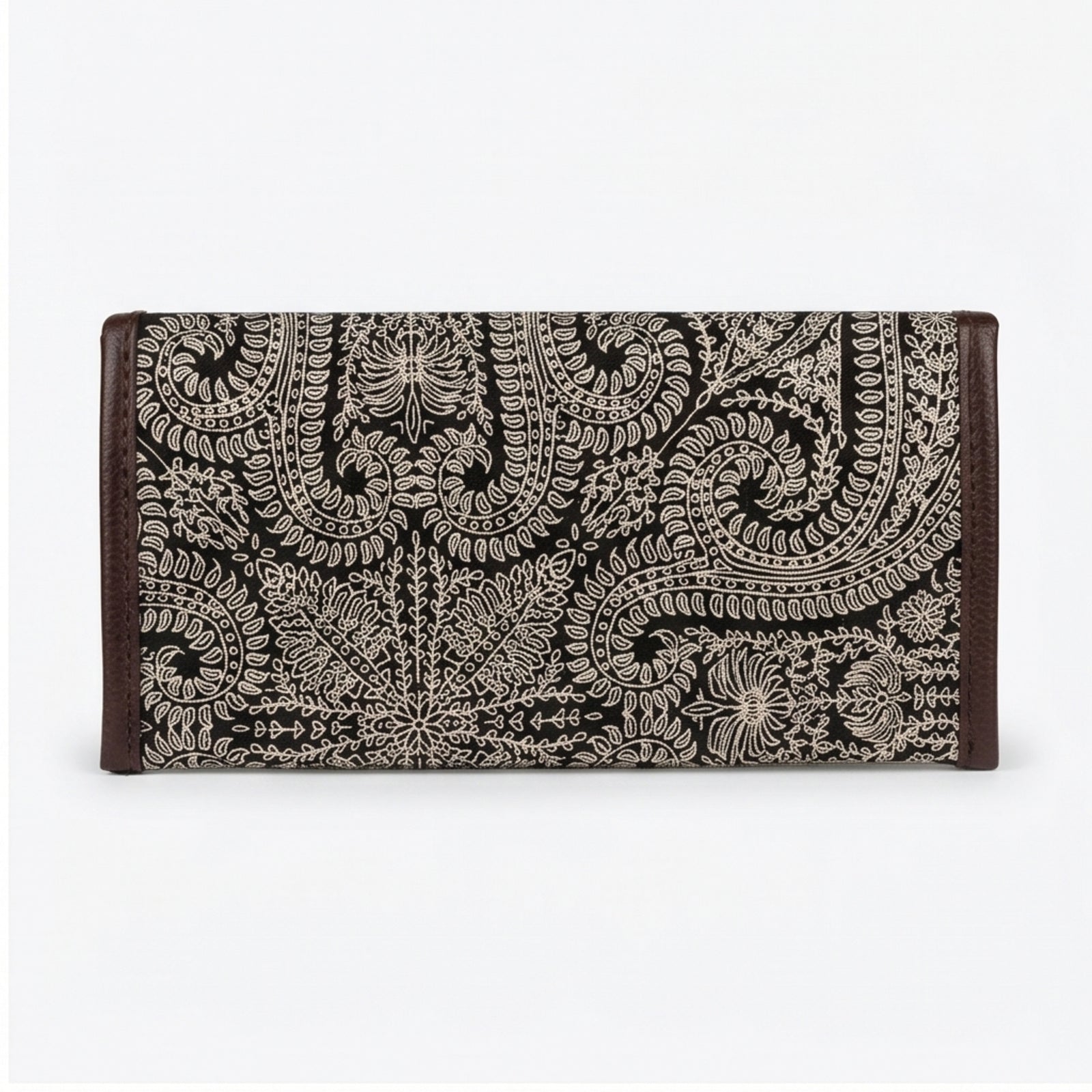Women's Black Paisley Print Long Wallet | Elegant Ladies Clutch Wallet with Snap Button Closure-2