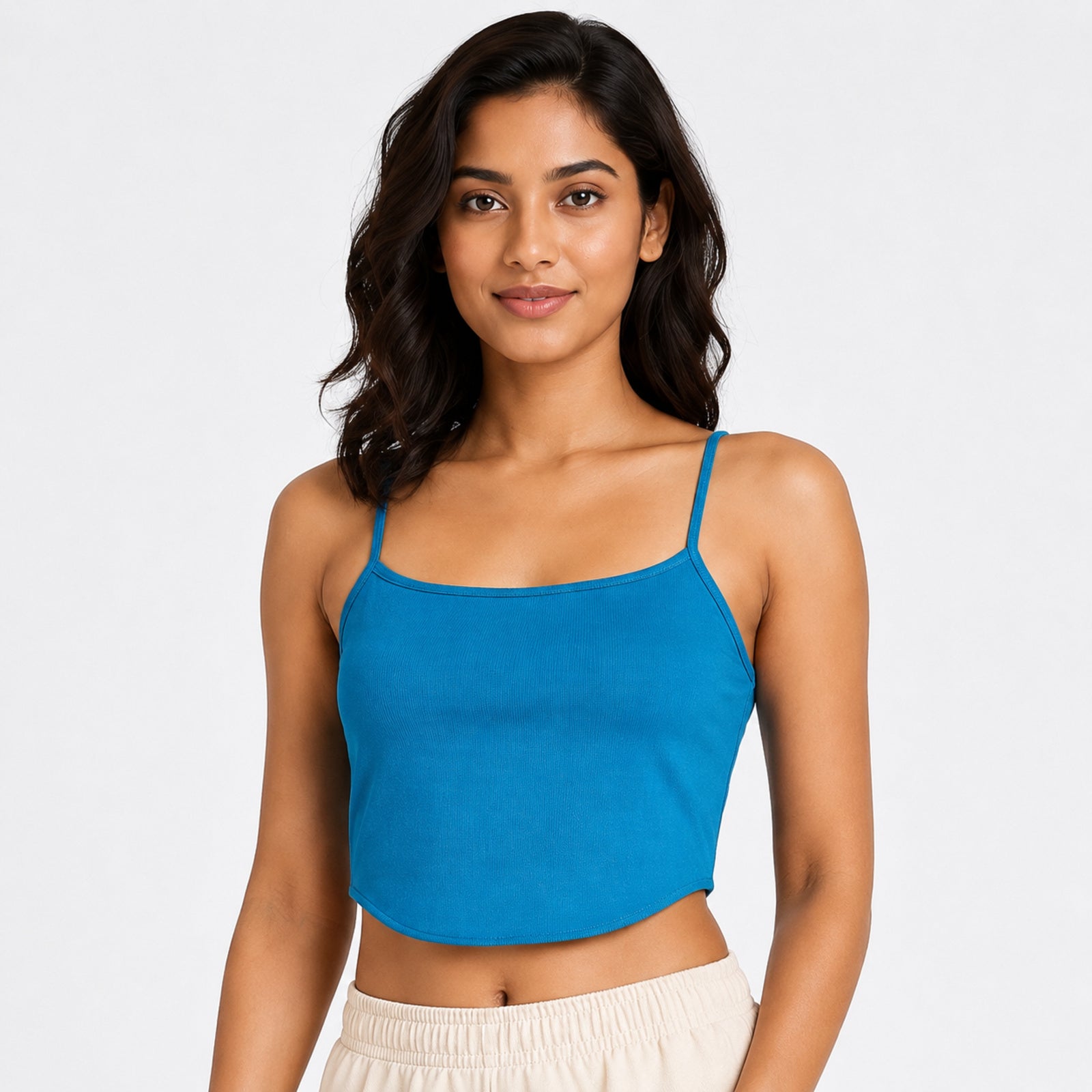 Women's Teal Spaghetti Strap Crop Cami Top | Soft Stretch Casual Essential-3