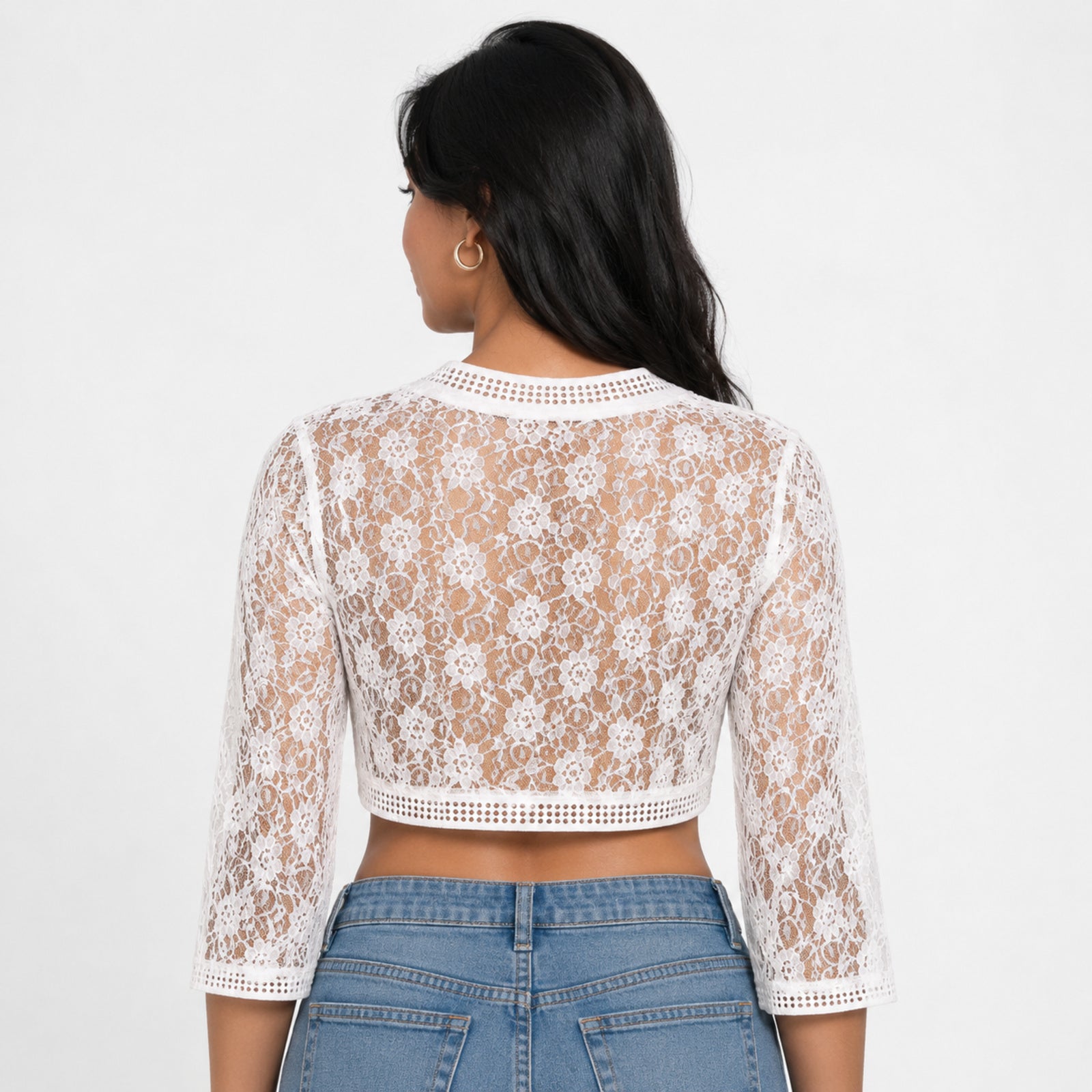 Women's Celestial Alabaster White Sheer Floral Lace Shrug Blazer-4