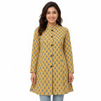 Women's Mustard Yellow Floral Printed Jacket Full Sleeve Flared Jacket with Mandarin Collar-1