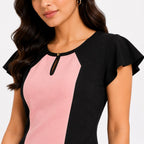Women's Peach & Black Color Block Cap Sleeve Sheath Mini Dress-4