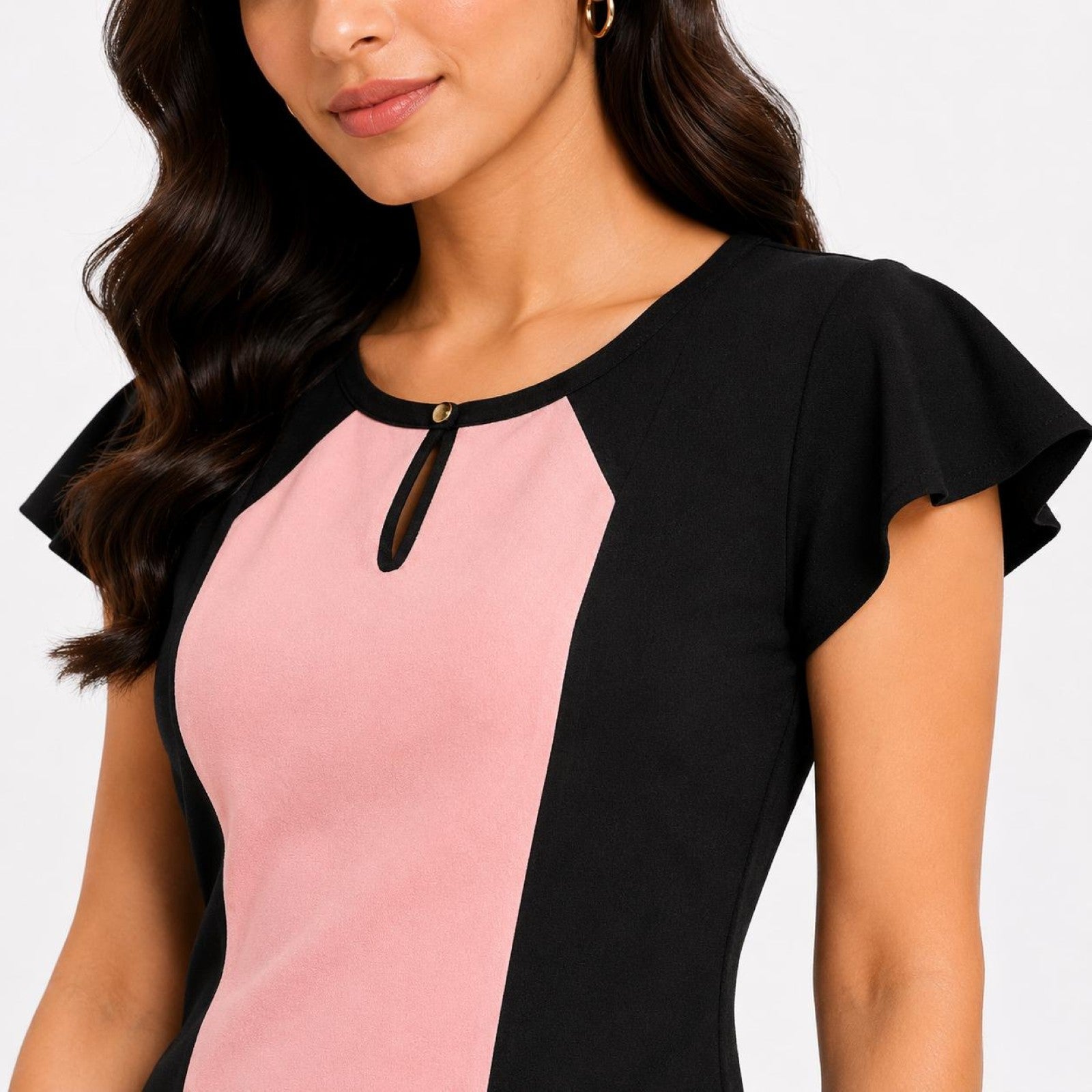 Women's Peach & Black Color Block Cap Sleeve Sheath Mini Dress-4