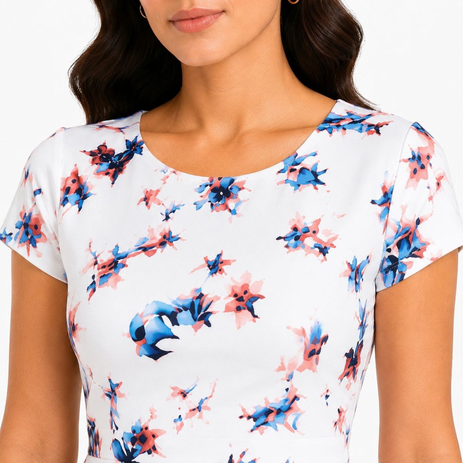 Women's White Floral Print Round Neck Short Sleeve A-Line Dress-3