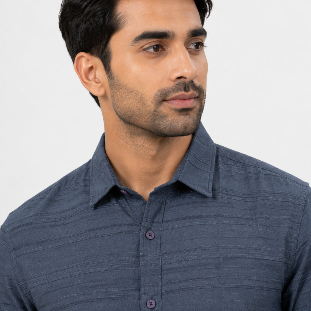 Men's Midnight Blue Textured Casual T-Shirt-3