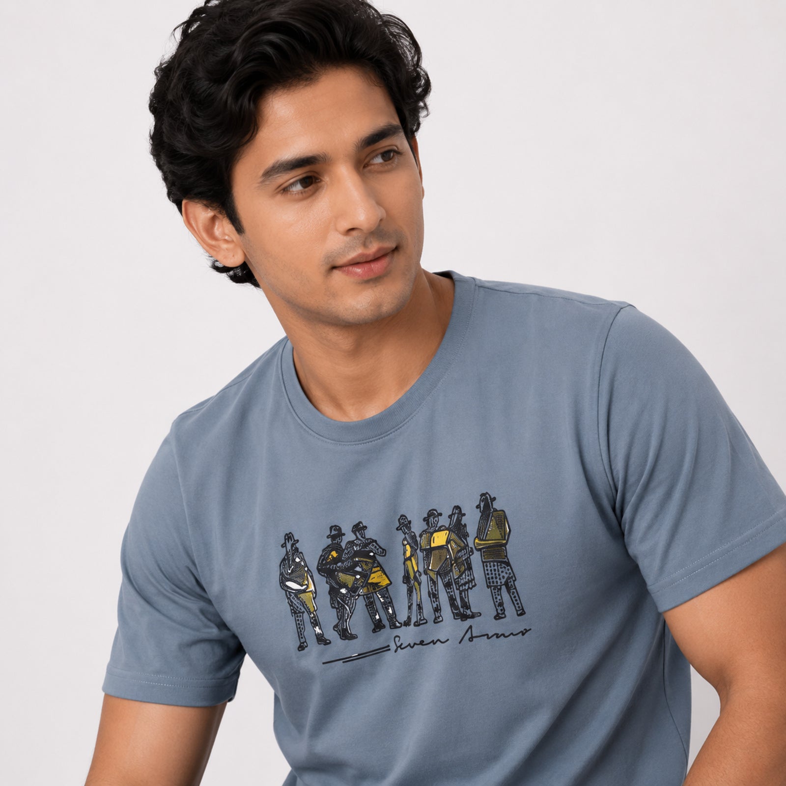 Men's Light Blue Graphic Printed Crew Neck T-Shirt-3