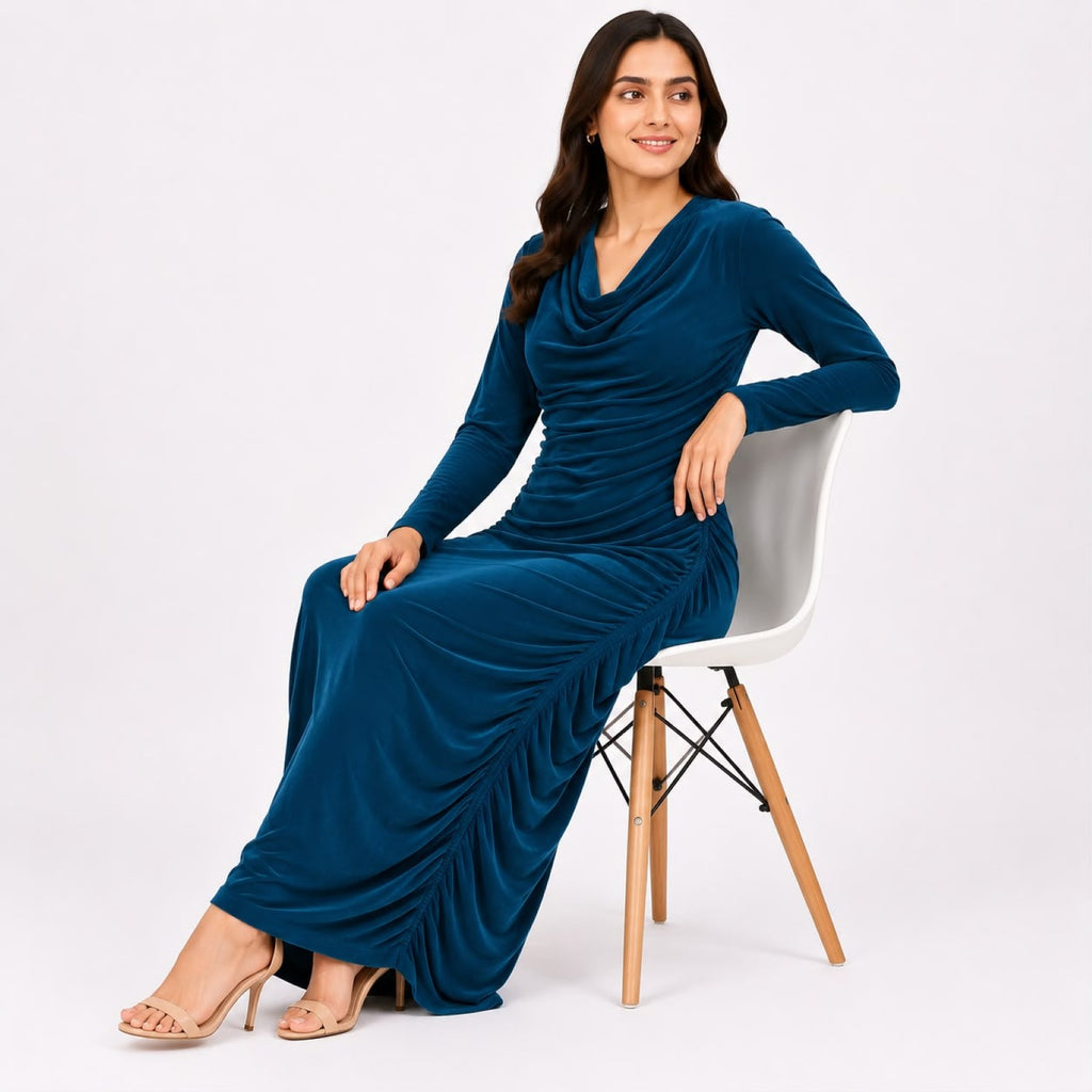 Women's Elegant Ruched Maxi Dress with Cowl Neck | Premium Bodycon Party Wear Long Dress for Women-3