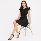 Women's Black Pintuck Ruffle Sleeve Belted A-Line Mini Dress | Button Detail Casual Day Dress-2