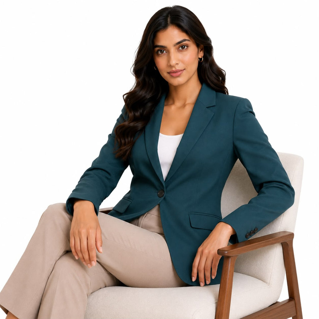 Women's Dark Green Single-Button Formal Blazer-3