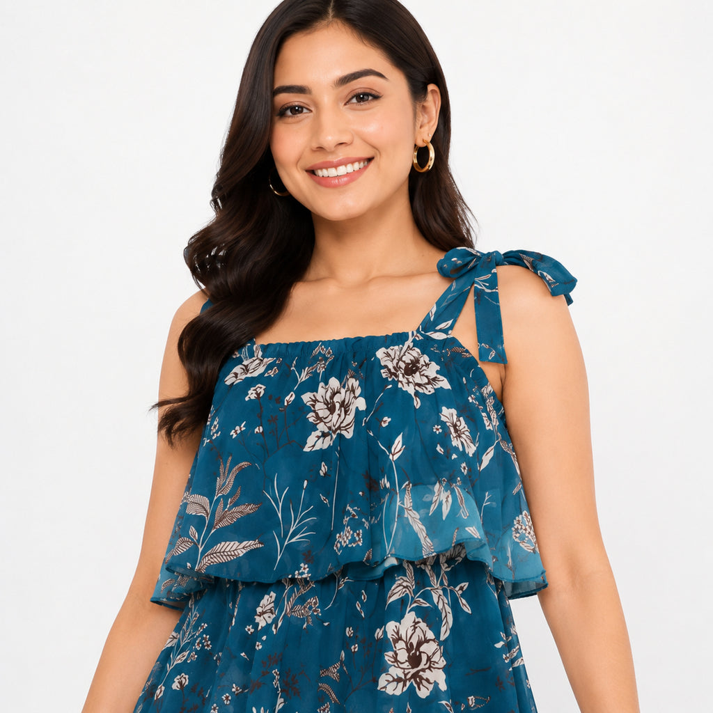 Women's Teal Floral Print One-Shoulder Tiered Mini Dress-3