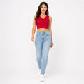 Women's Red V-Neck Sleeveless Fitted Crop Top | Solid Casual Top-1