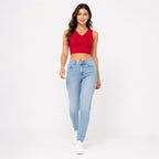 Women's Red V-Neck Sleeveless Fitted Crop Top | Solid Casual Top-1
