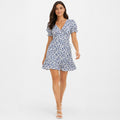 Women's Blue Floral Fit & Flare Mini Dress | V-Neck Puff Sleeve Casual Dress-1
