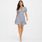 Women's Blue Floral Fit & Flare Mini Dress | V-Neck Puff Sleeve Casual Dress-1