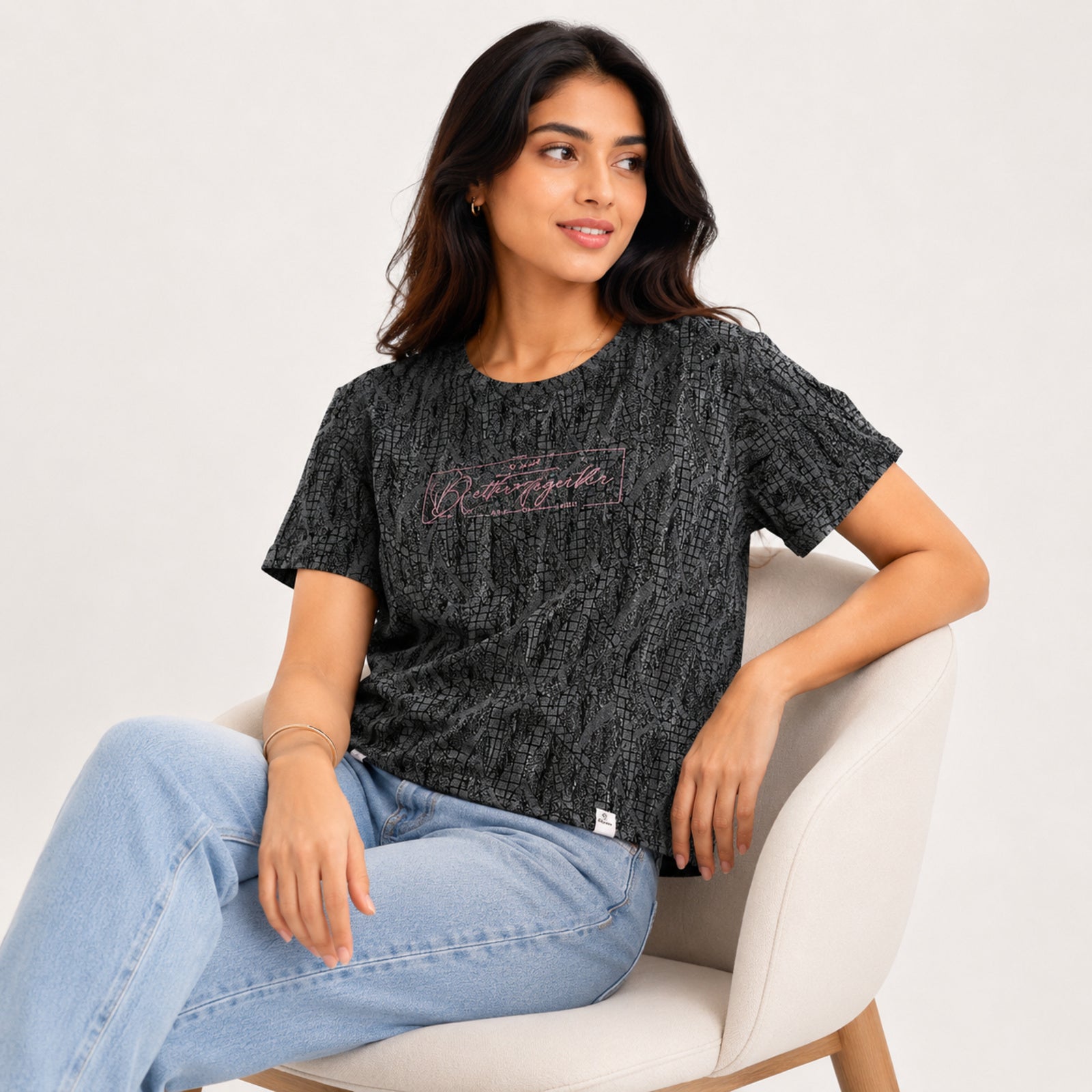 Women's Abstract Textured Graphic Printed Dark Grey T-Shirt-2