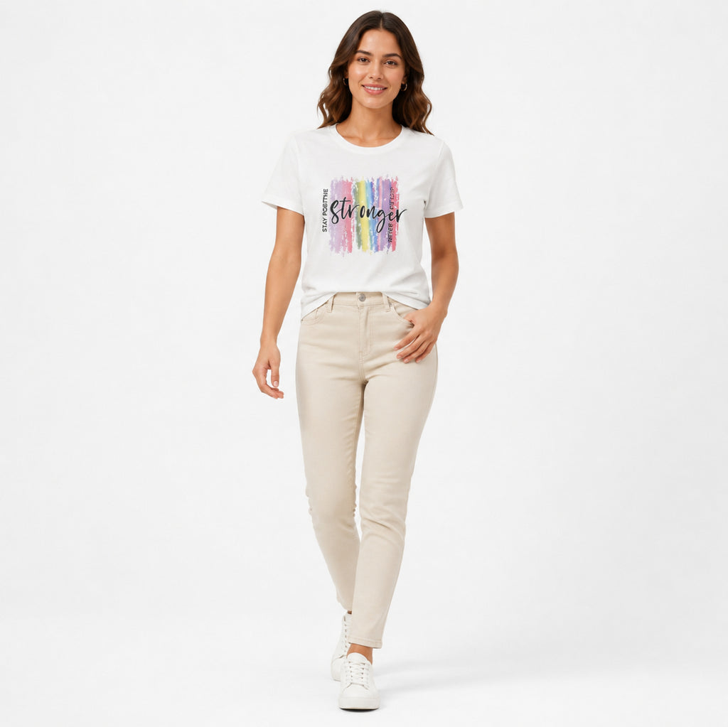 Women's White Stronger Slogan Graphic Crew Neck T-Shirt | Relaxed Half Sleeve Casual Tee-1