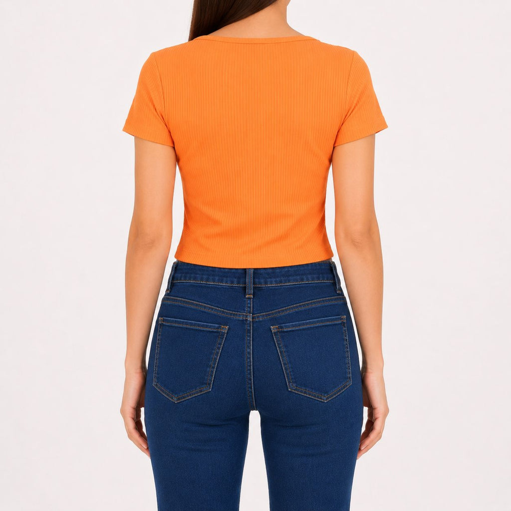 Women's Elite Sunset Orange Ribbed Crop Top with Architectural Square Neckline-4