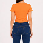 Women's Elite Sunset Orange Ribbed Crop Top with Architectural Square Neckline-4