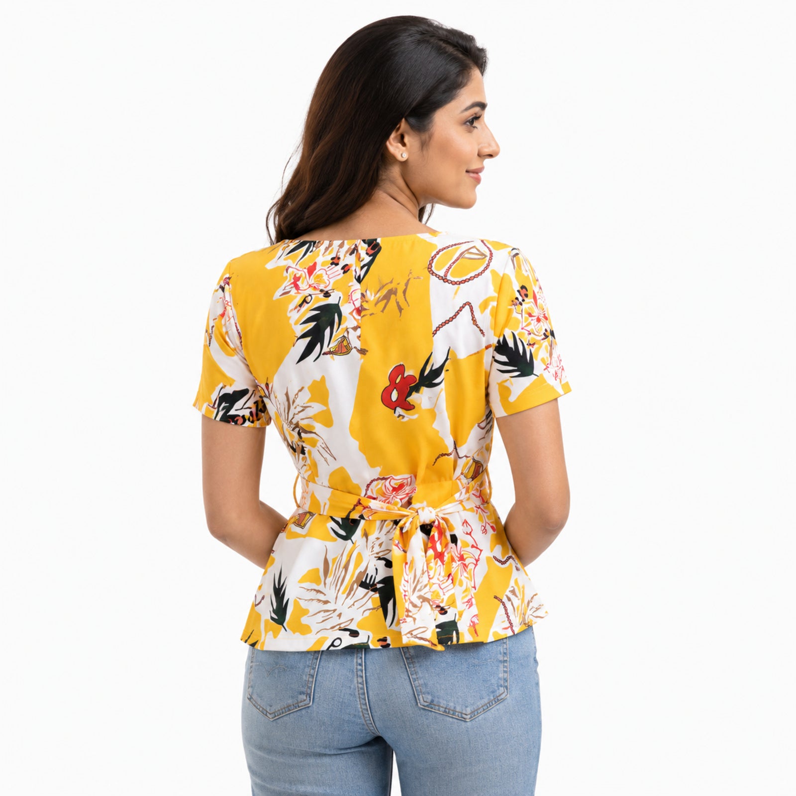 Women's Yellow Floral Tropical Wrap Top with Waist Tie-4