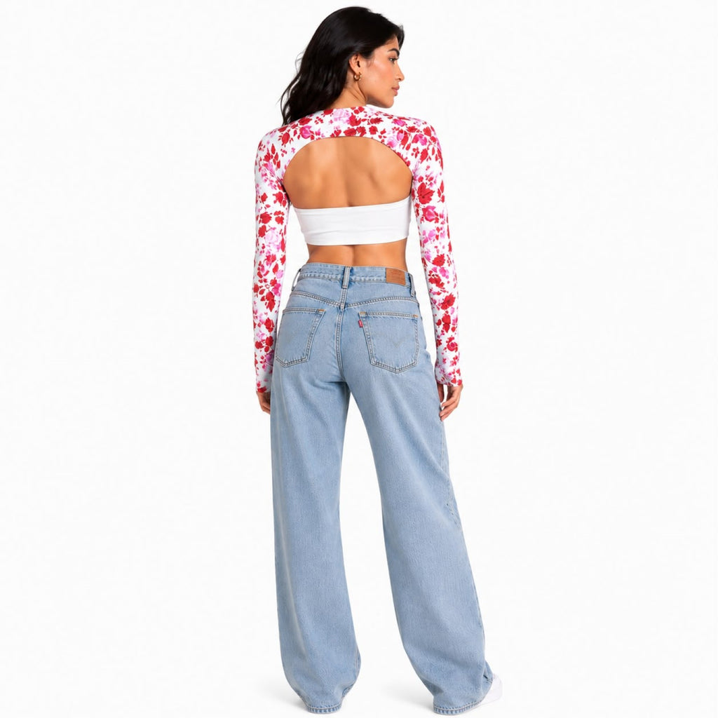 Women's Red Floral Cut-Out Crop Top-4
