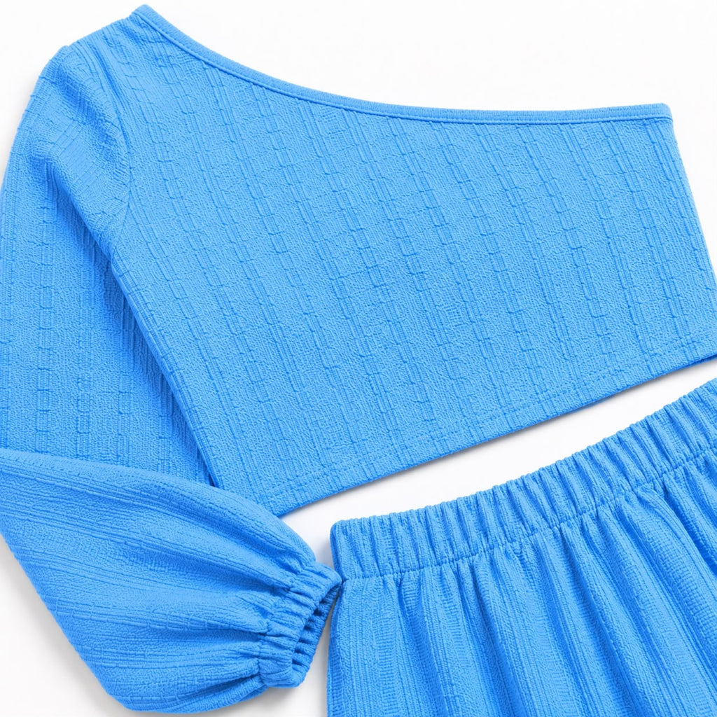 Women's Blue One-Shoulder Crop Top and Maxi Skirt Co-Ord Set-3