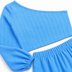 Women's Blue One-Shoulder Crop Top and Maxi Skirt Co-Ord Set-3