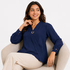 Women's Navy Blue V-Neck 3/4 Sleeve Top-3