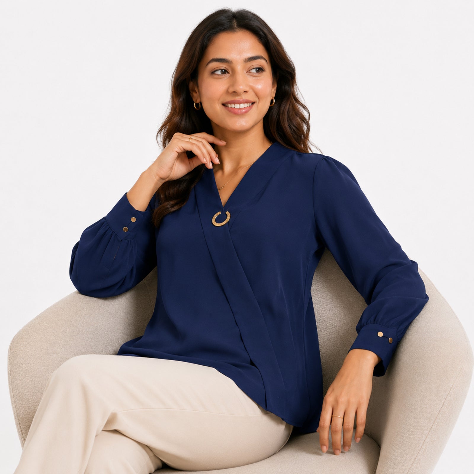 Women's Navy Blue V-Neck 3/4 Sleeve Top-3