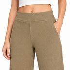 Women's Light Brown Ribbed High-Waist Wide Leg Lounge Pants-3