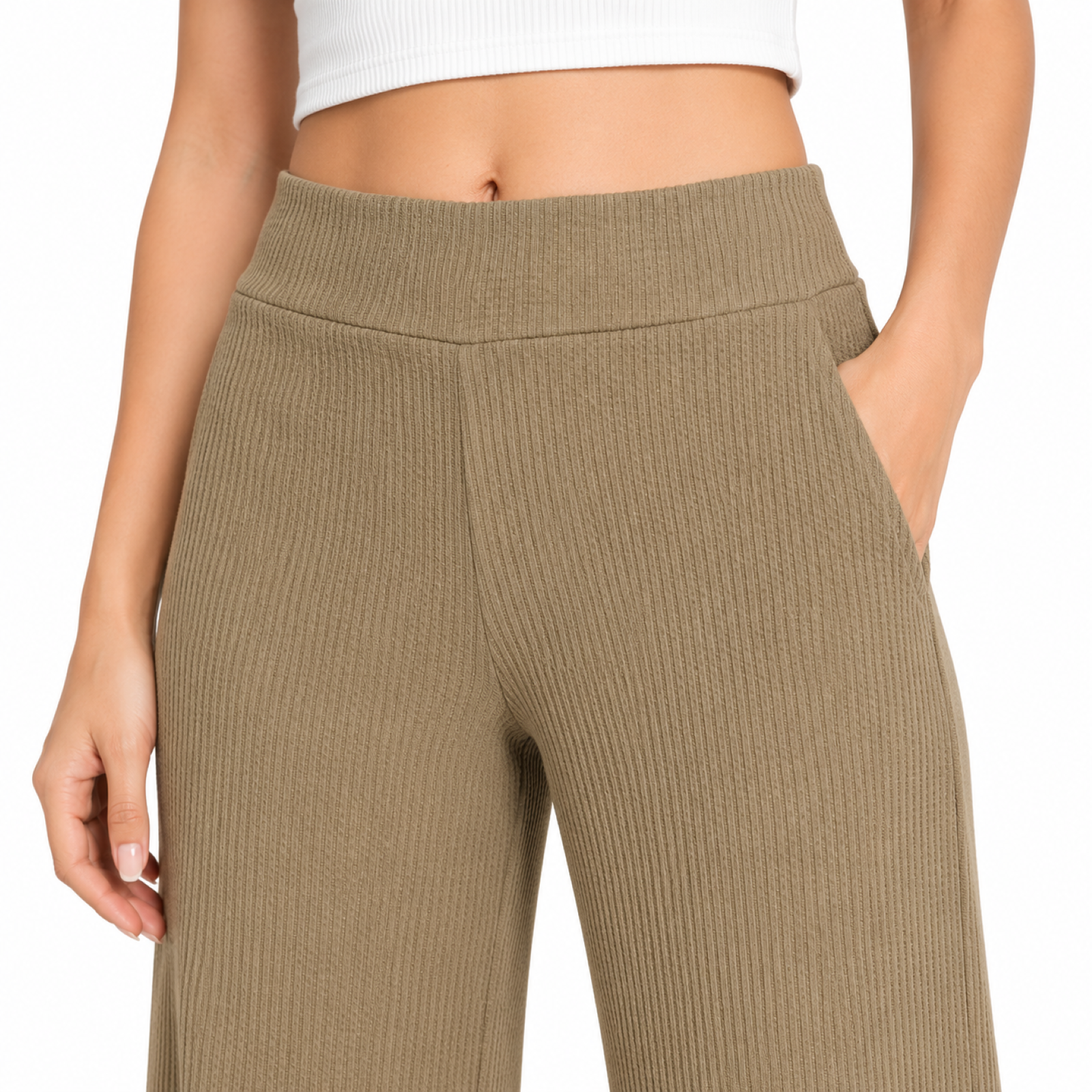 Women's Light Brown Ribbed High-Waist Wide Leg Lounge Pants-3