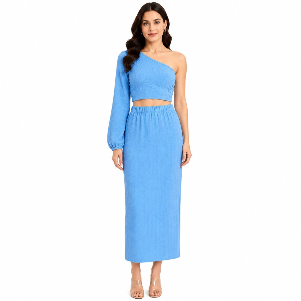 Women's Blue One-Shoulder Crop Top and Maxi Skirt Co-Ord Set-1
