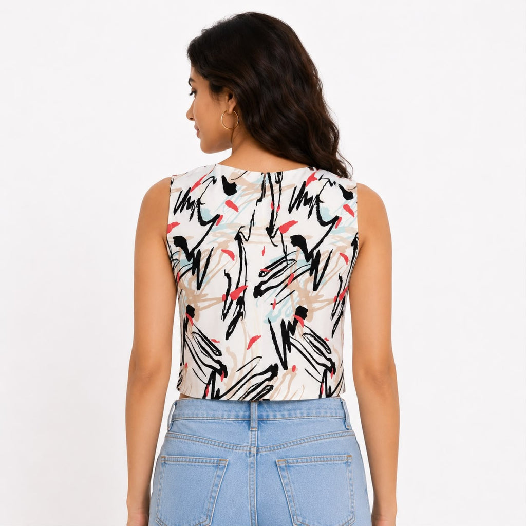 Women's Cream Abstract Printed Sleeveless Crop Top-4