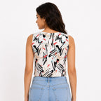 Women's Cream Abstract Printed Sleeveless Crop Top-4