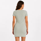 Women's Elegant Fitted Light Green Knit Crew-Neck Short-Sleeve One-Piece Dress-4