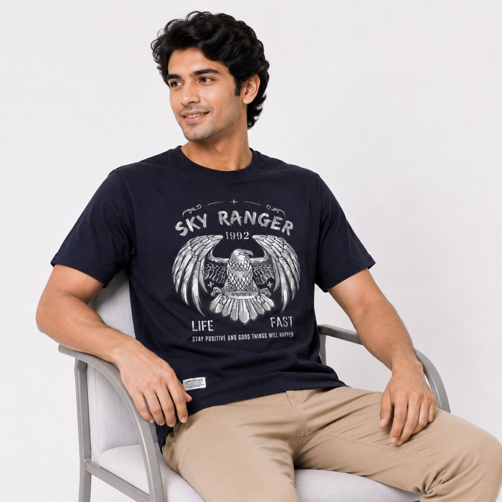 Men's Navy Blue Eagle Graphic Print Crew Neck T-Shirt-3