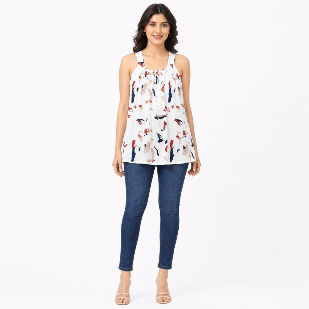 Women's White Abstract Print Sleeveless Tie-Neck Top-1