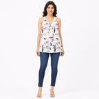 Women's White Abstract Print Sleeveless Tie-Neck Top-1